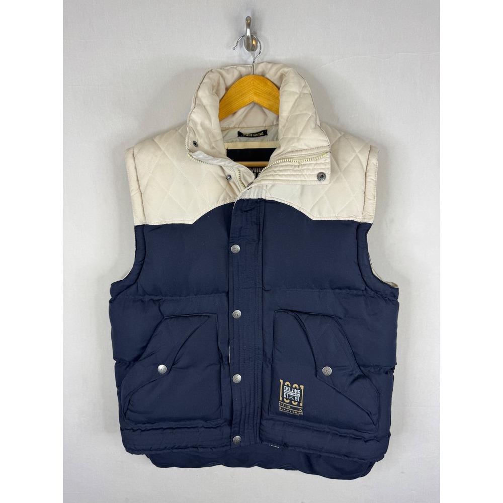 Criminal Damage Mens Puffer Vest Navy Cream Color Block Quilted Large